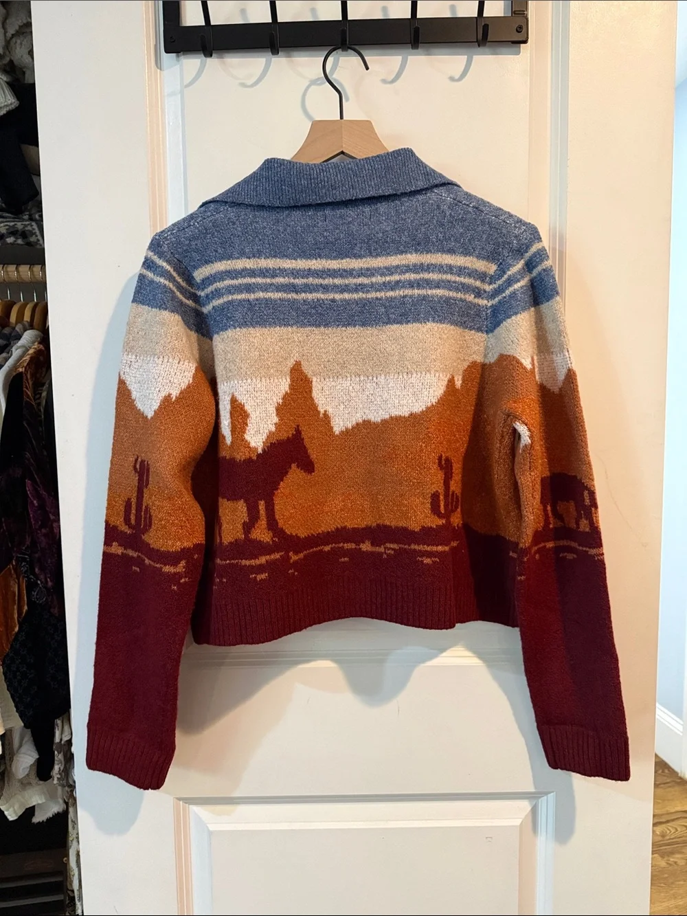 NWOT Scenic Desert Horse Button-Front Sweater Jacket - Rust, Blue, Cream